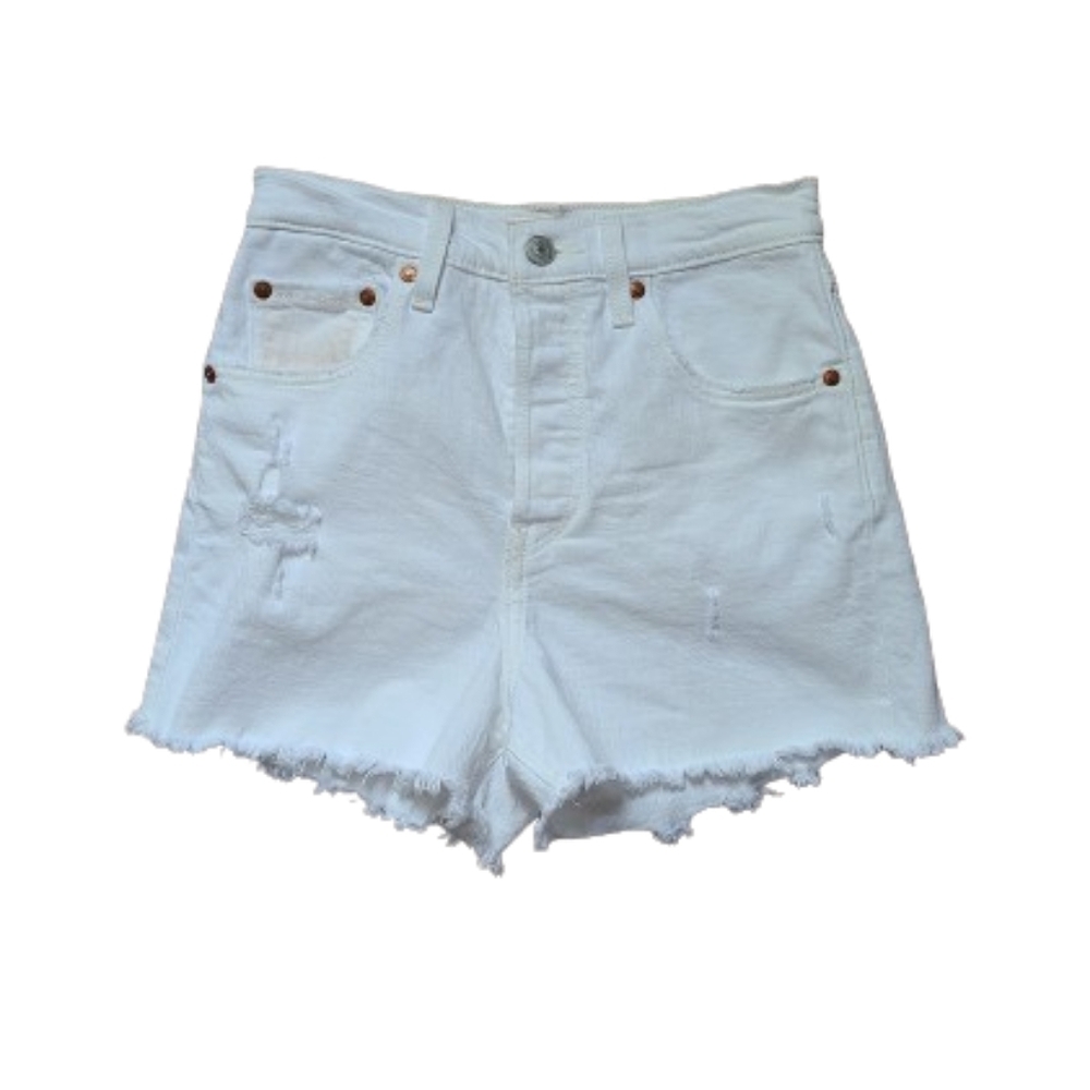 LEVI'S Ribcage White High Rise Distressed Shorts in Mother of Pearl Size 25